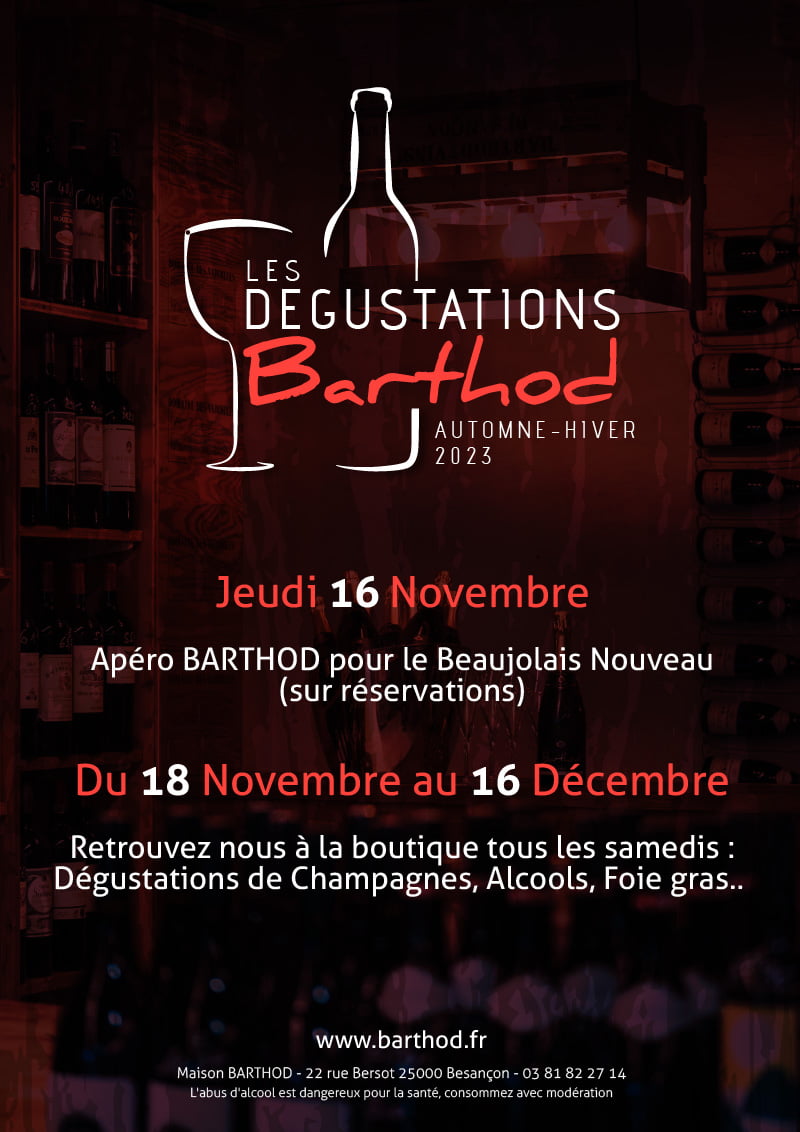 Affiche pour les dégustations Barthod du jeudi 16 Novembre et les samedis du 18 Novembre au 16 décembre 2023